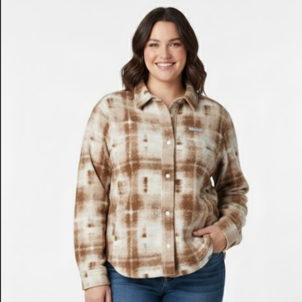 COLUMBIA Benton Springs Women's Fleece Shirt Jacket Brown Beige Plus Size 1X NWT